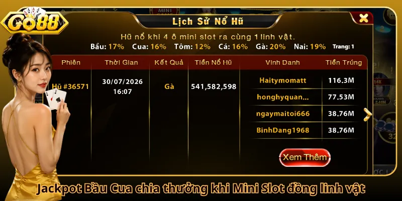 Jackpot Bầu Cua chia thưởng khi Mini Slot đồng linh vật